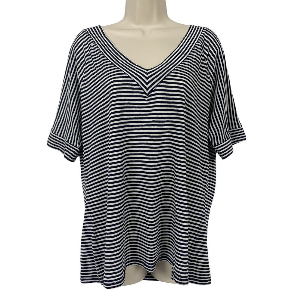Talbots Linen Blend Top Womens XL Black White Stripe Lightweight Nautical Tee